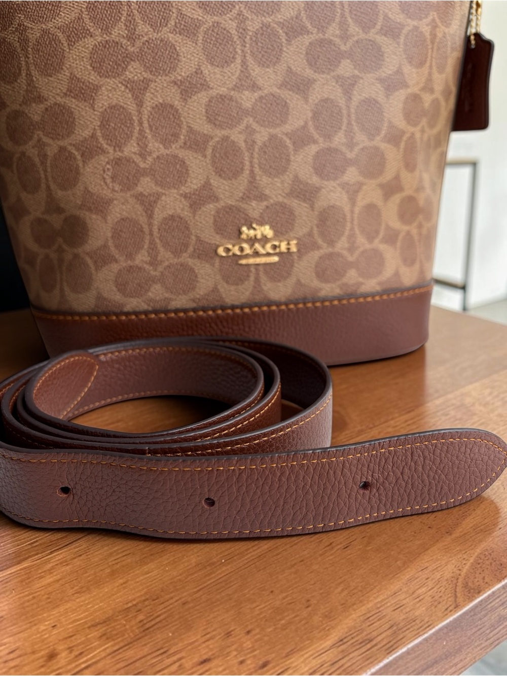 Coach Jude Duffle Bag Brown Signature Canvas Bucket Bag with Leather Trim - Picture 3 of 16